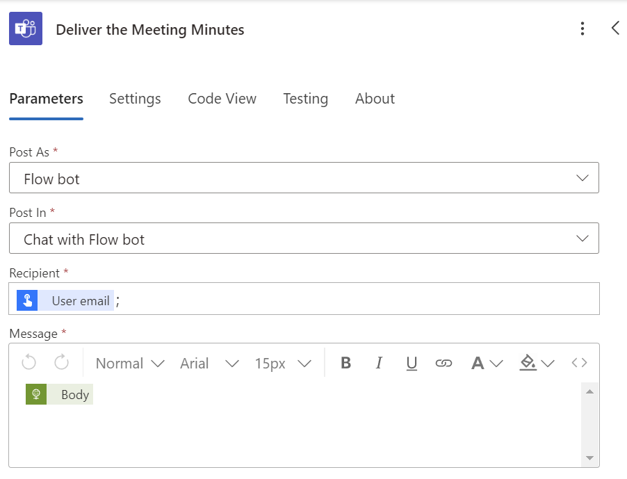 deliver meeting minutes as Post message in a chat or channel action