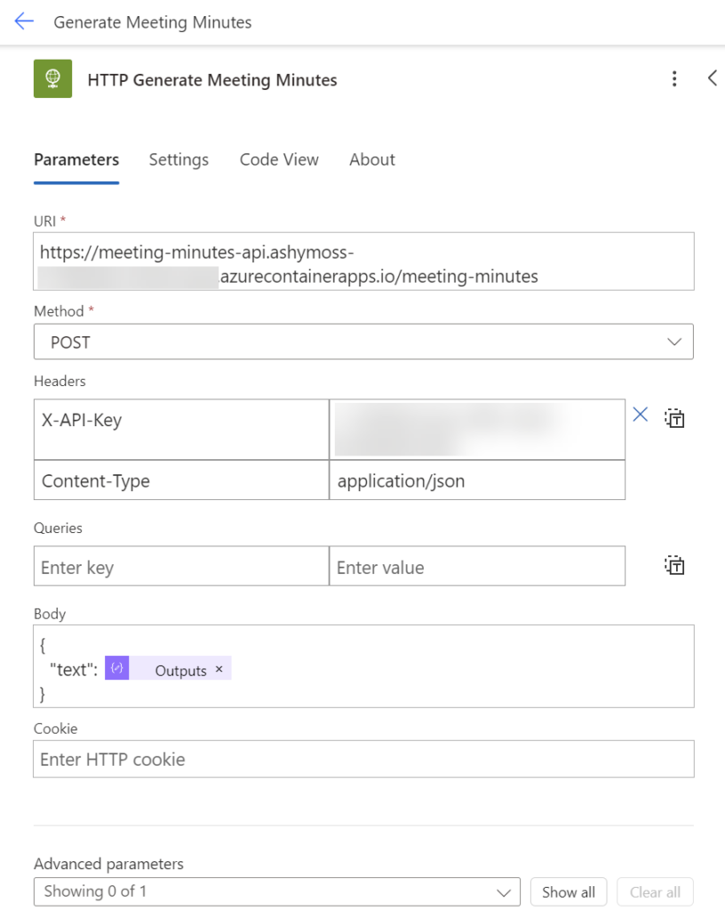Call Meeting Minutes API from Power Automate HTTP Action
