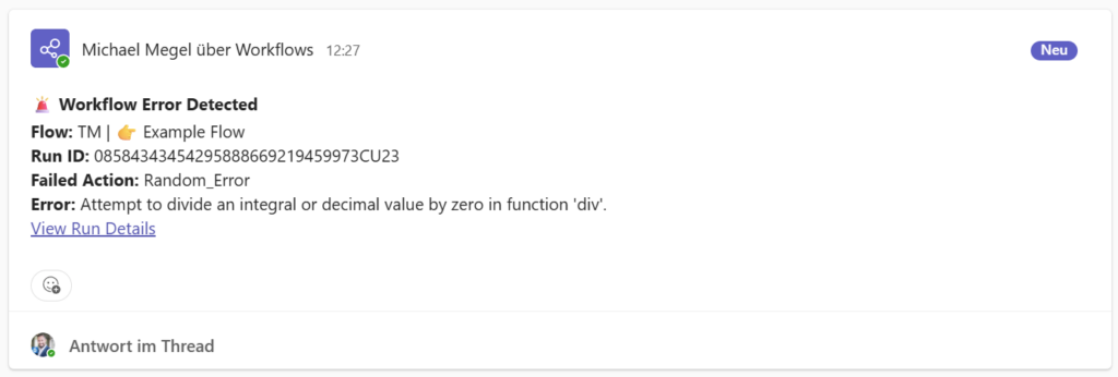 Message in Microsoft Teams with information about the new task: Workflow Error Detected