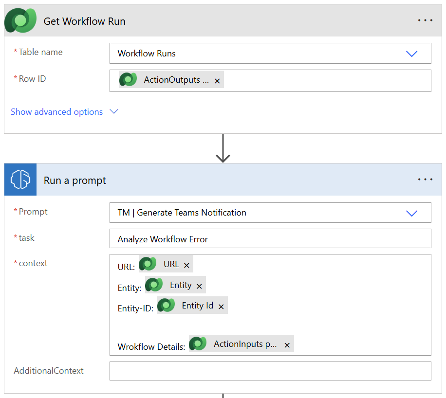 "Get Dataverse Record" action followed by "Run a Prompt" action