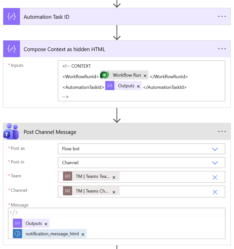 Compose action "Automation Task ID"
Compose action "Context as hidden HTML"
Action "Post message in Microsoft Teams"