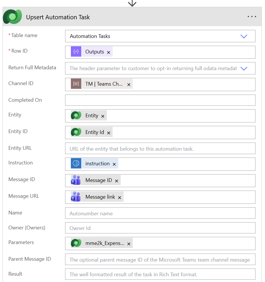 Action "Upsert Automation Task" in Dataverse