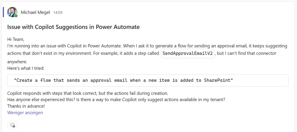 Teams channel showing the posted message with proper formatting
