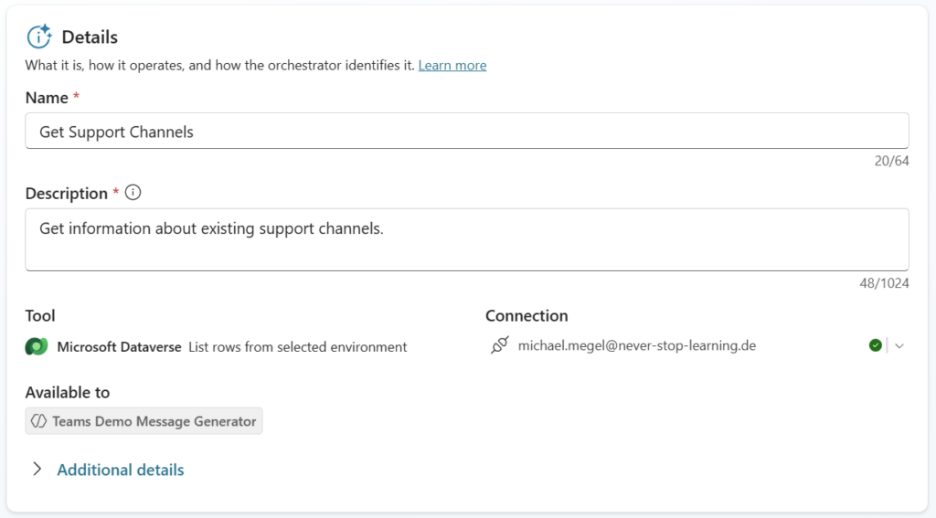 Tool configuration showing the renamed Get support channels tool with updated description