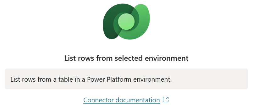 Copilot Studio tool selection showing the List rows from selected environment connector