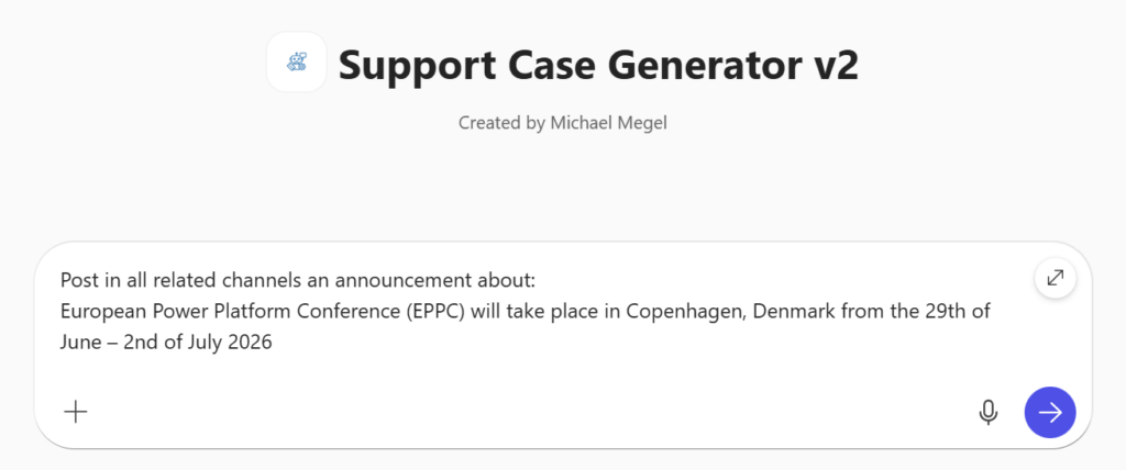 M365 Copilot showing the complex announcement request with EPPC conference details