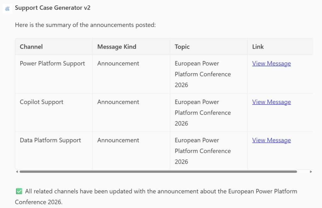 Agent response showing a table summary of all posted announcements with links to Teams messages