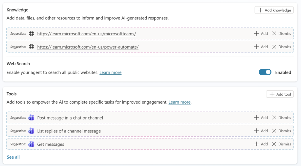 Copilot Studio suggesting knowledge sources and Teams connector tools for the agent