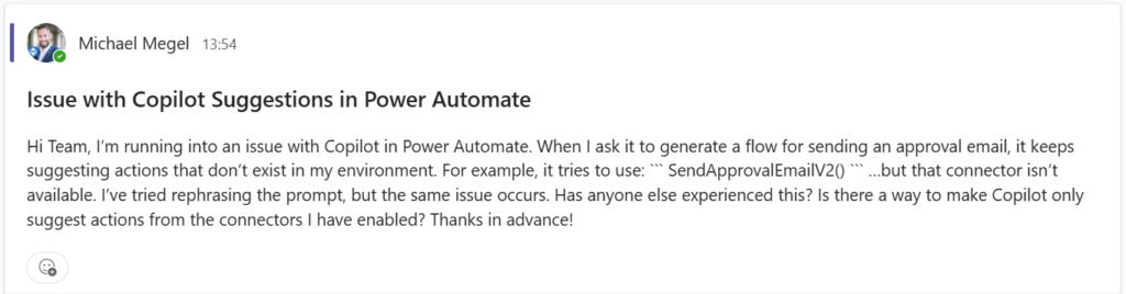 Teams message showing unrendered Markdown
