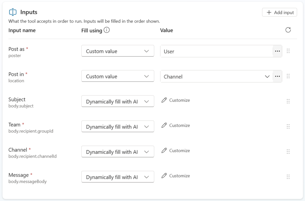 Tool configuration panel for the Teams Post message action showing Post as and Post in settings