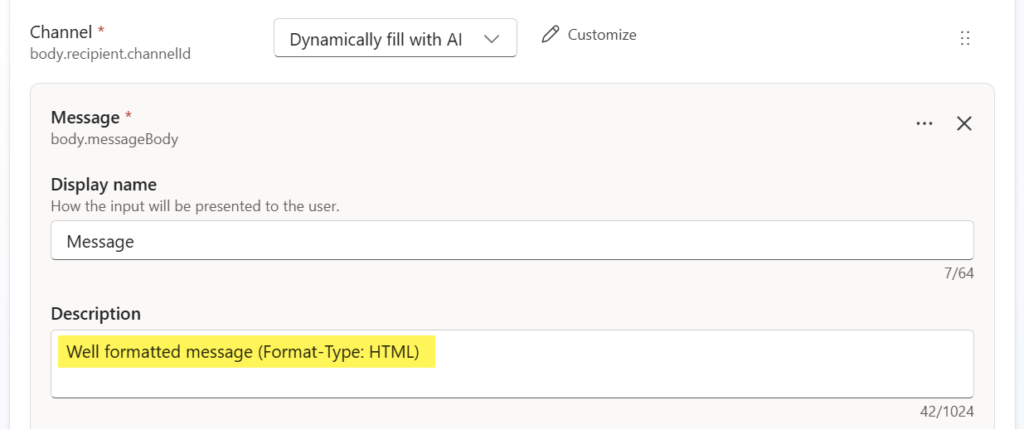 Tool configuration showing the updated Message parameter description specifying HTML format