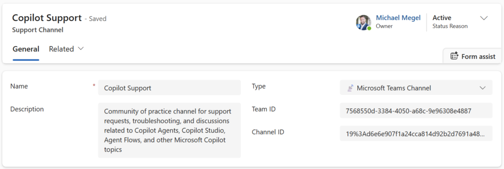 Model-driven app showing Support Channels data entry form with fields populated