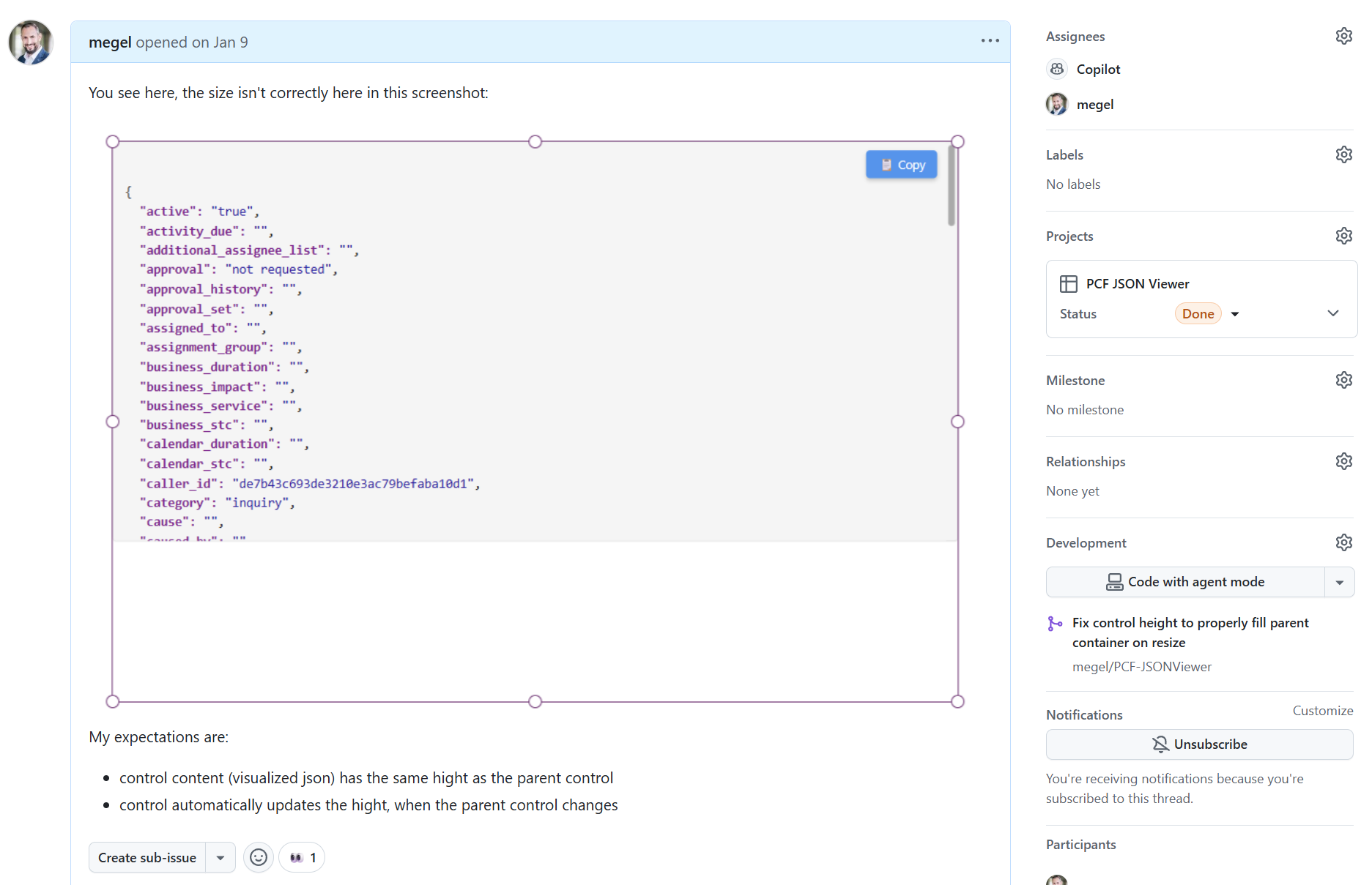 GitHub issue describing a problem with natural language description and included screenshots