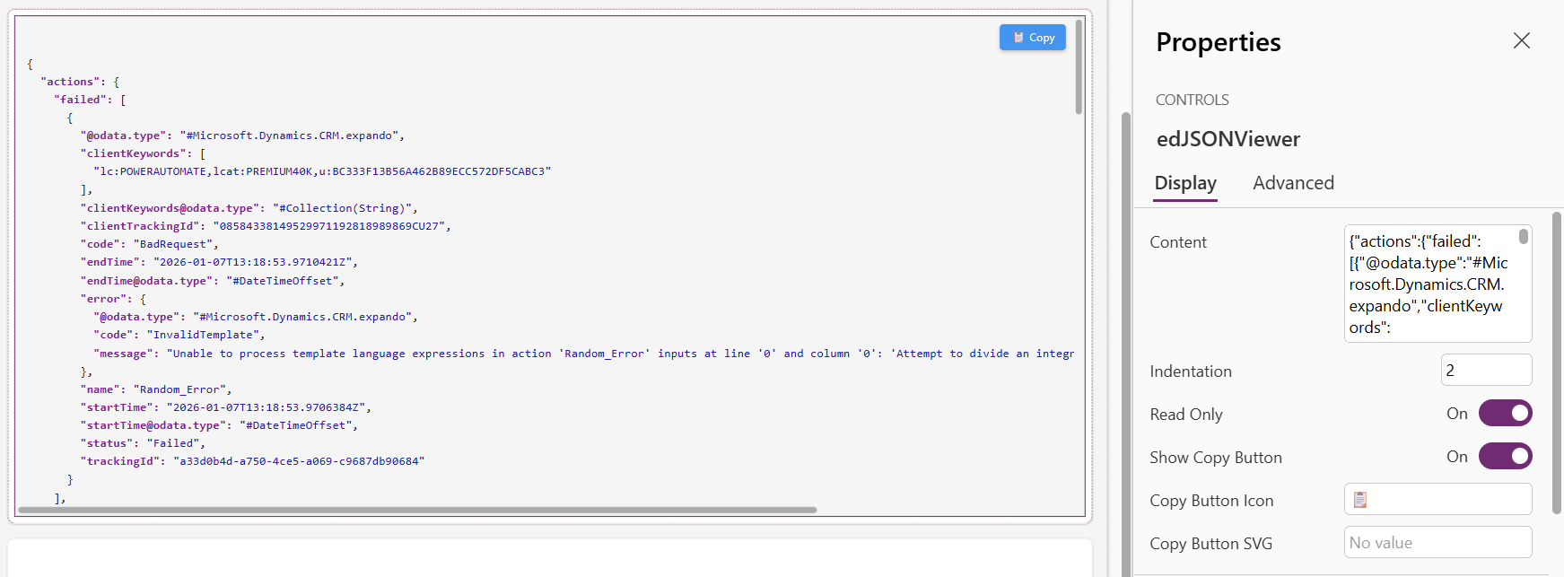 PCF-JSONViewer control displaying formatted JSON data in a Power Apps Canvas App