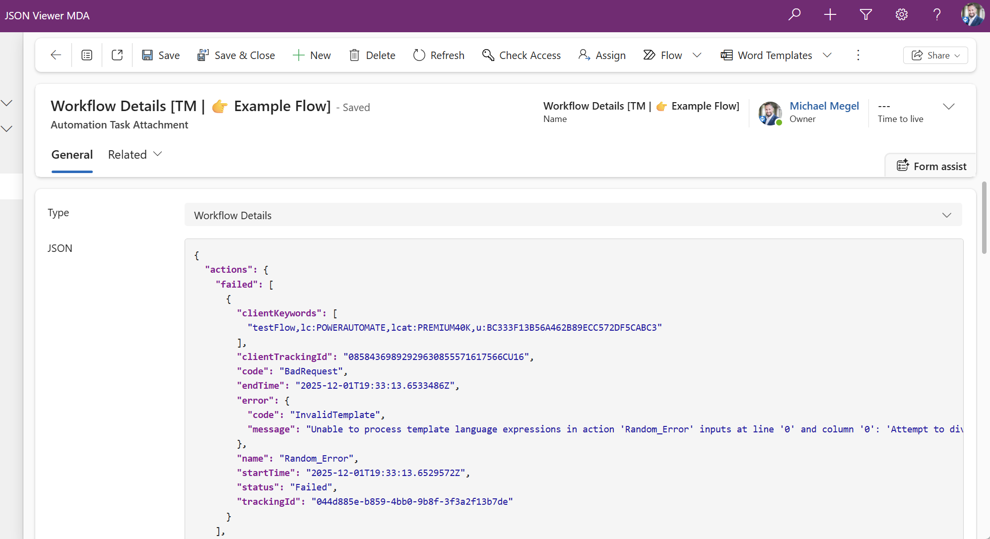 PCF-JSONViewer control displaying JSON data in a Power Apps Model-Driven App form