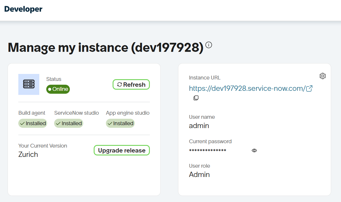 ServiceNow developer instance dashboard