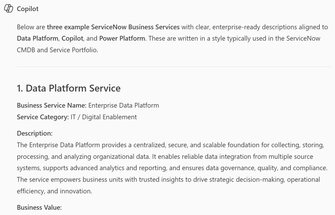 Copilot Studio generating business service definitions