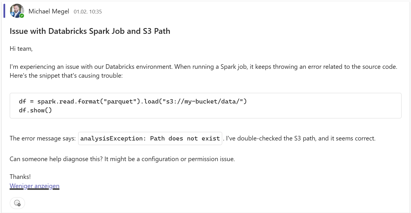 User posting support request in Teams channel