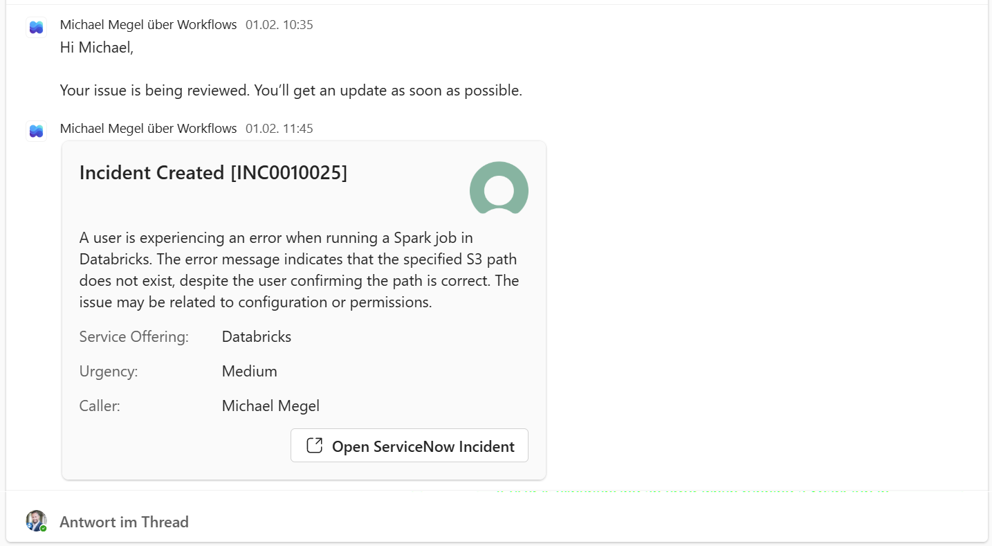 Adaptive Card response in Teams showing created incident details