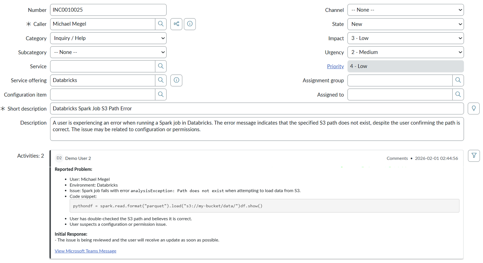 ServiceNow incident record showing complete details and Teams conversation link