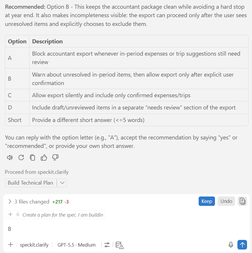 The Clarify conversation in 🌱 Spec Kit