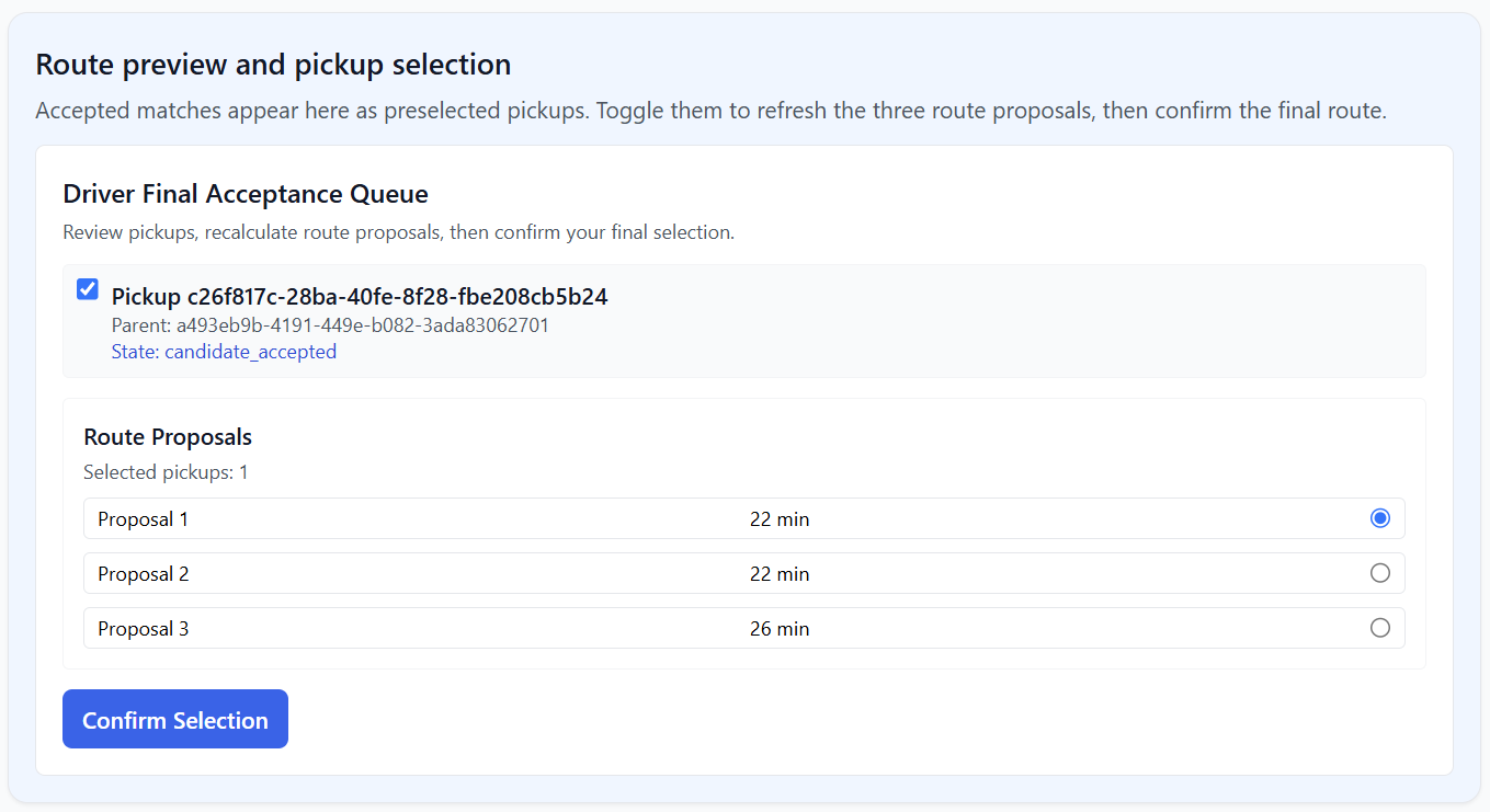 Driver pickup confirmation UI — Spec 016, from GIVEN/WHEN/THEN to working screen
