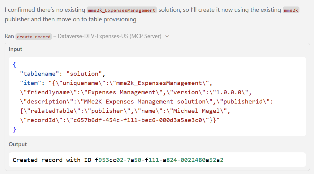 GitHub Copilot Dataverse MCP identifying the publisher and starting table creation