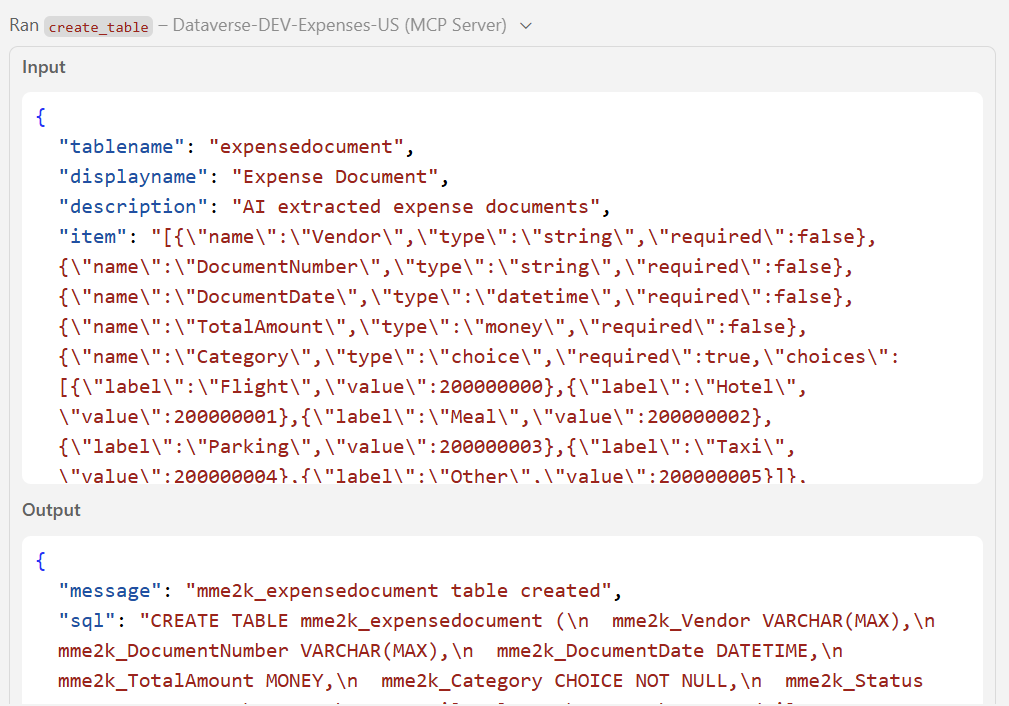 Dataverse MCP table creation parameters in GitHub Copilot