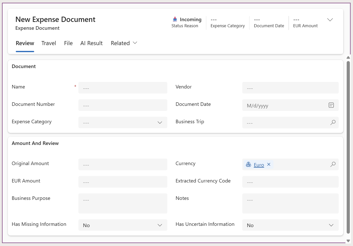 Implemented expense document main form in Power Apps