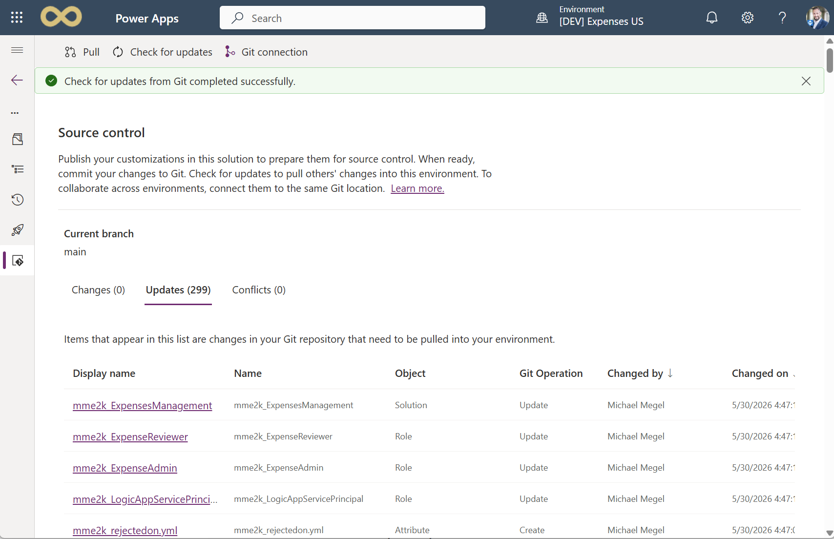 Incoming changes from the Dataverse source control sync