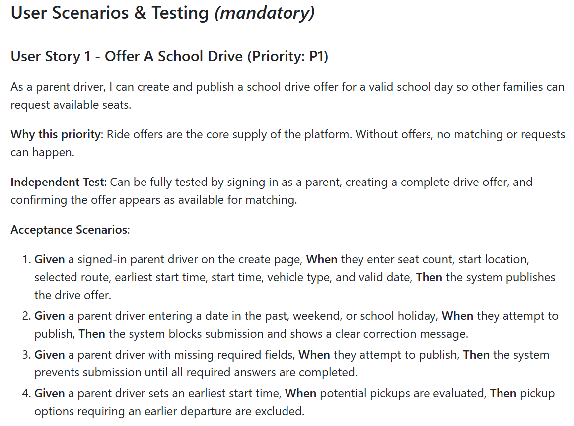 User Story 1 — one of sixteen specs, written in GIVEN/WHEN/THEN by my son