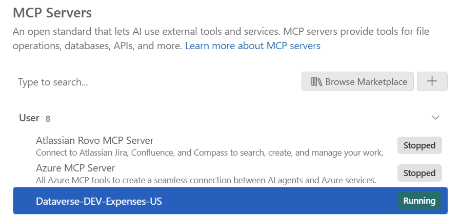 VS Code with Dataverse MCP server connected and running