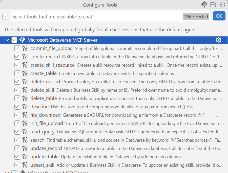 Dataverse MCP tools available in GitHub Copilot