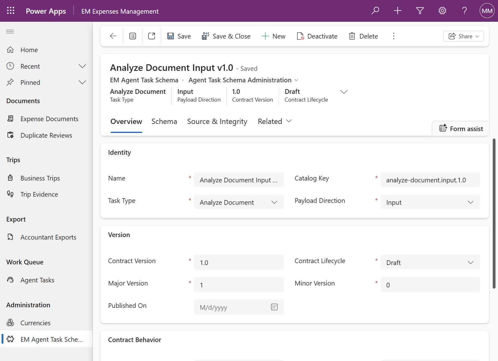 Implemented Agent Task Schema card matching the planned ASCII wireframe - Identity, Version, and Contract Behavior sections