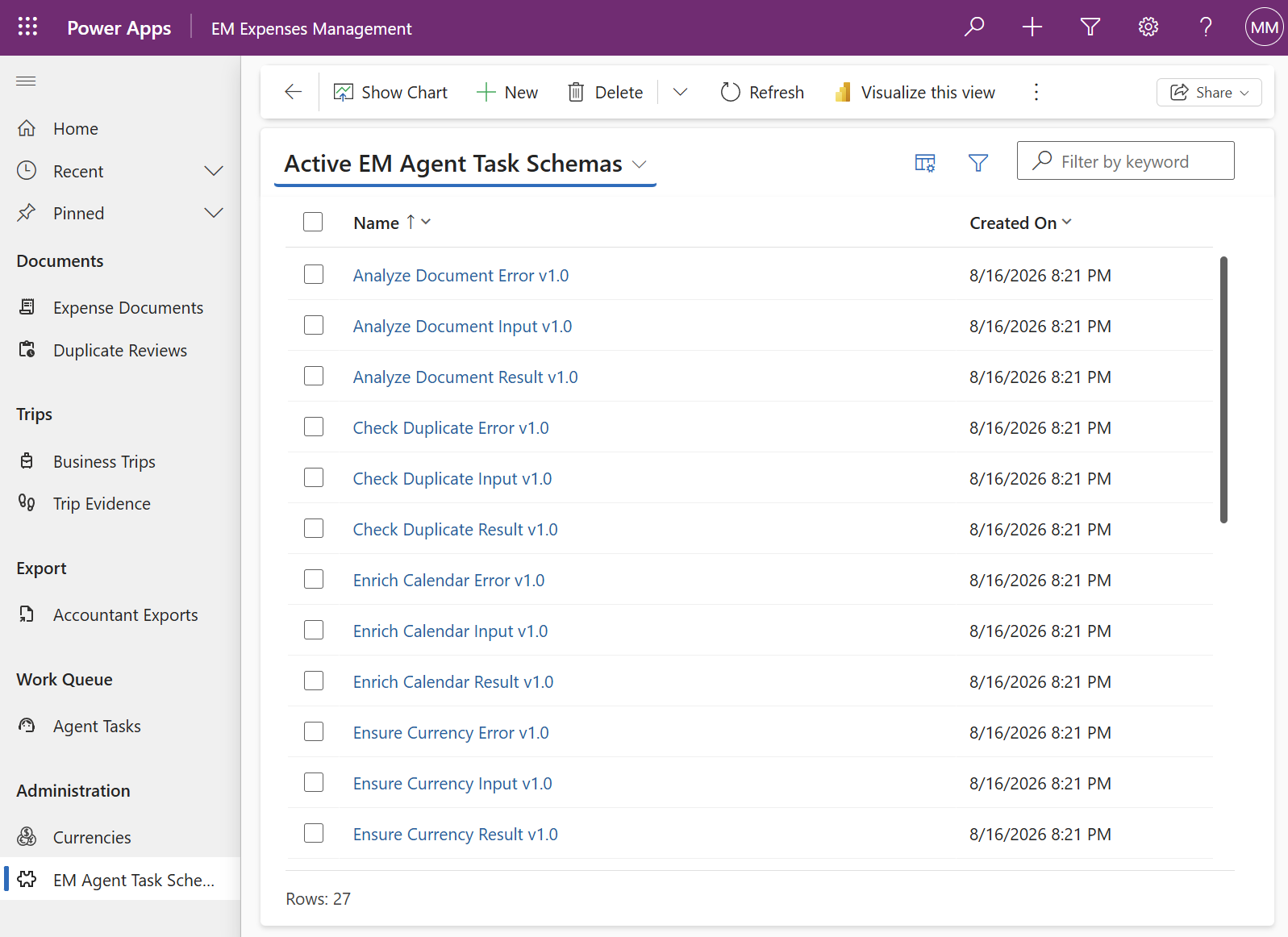 Implemented Agent Task Schema list showing 27 seeded rows - nine task types times three payload directions