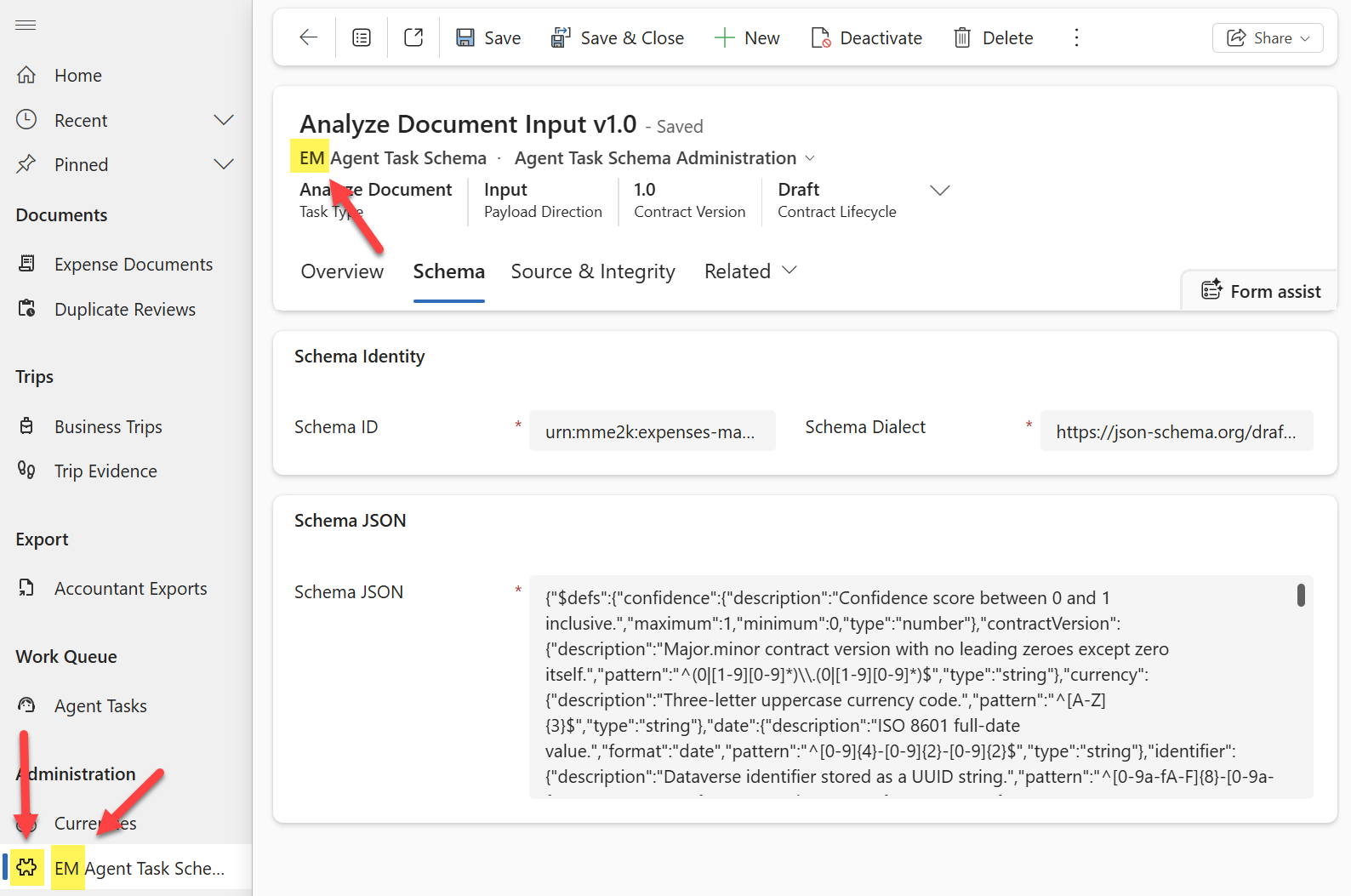 Agent Task Schema form showing the EM prefix leaking into UI captions and the entity's missing icon