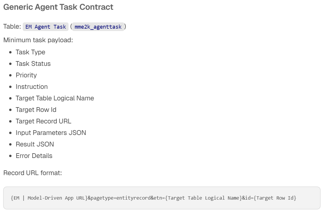 Generic Agent Task contract showing the task type, status, and input/result JSON fields