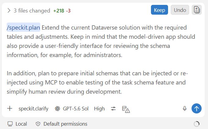 The /speckit.plan command turning that spec into a Dataverse table, a review form, and a test-seeding strategy