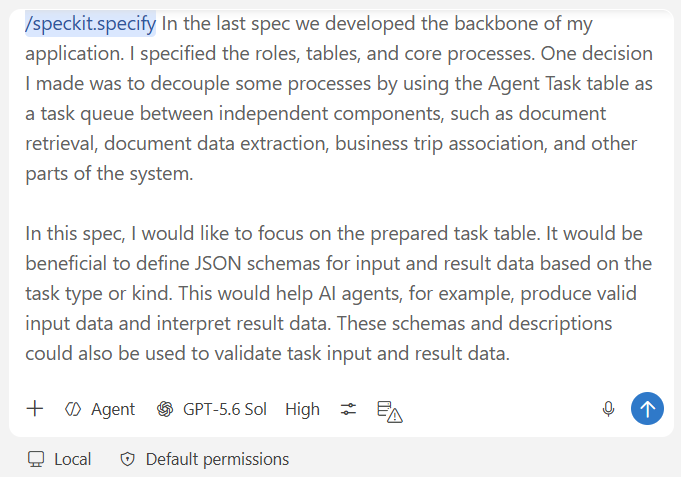 The /speckit.specify command starting the second spec: JSON schemas for every Agent Task type