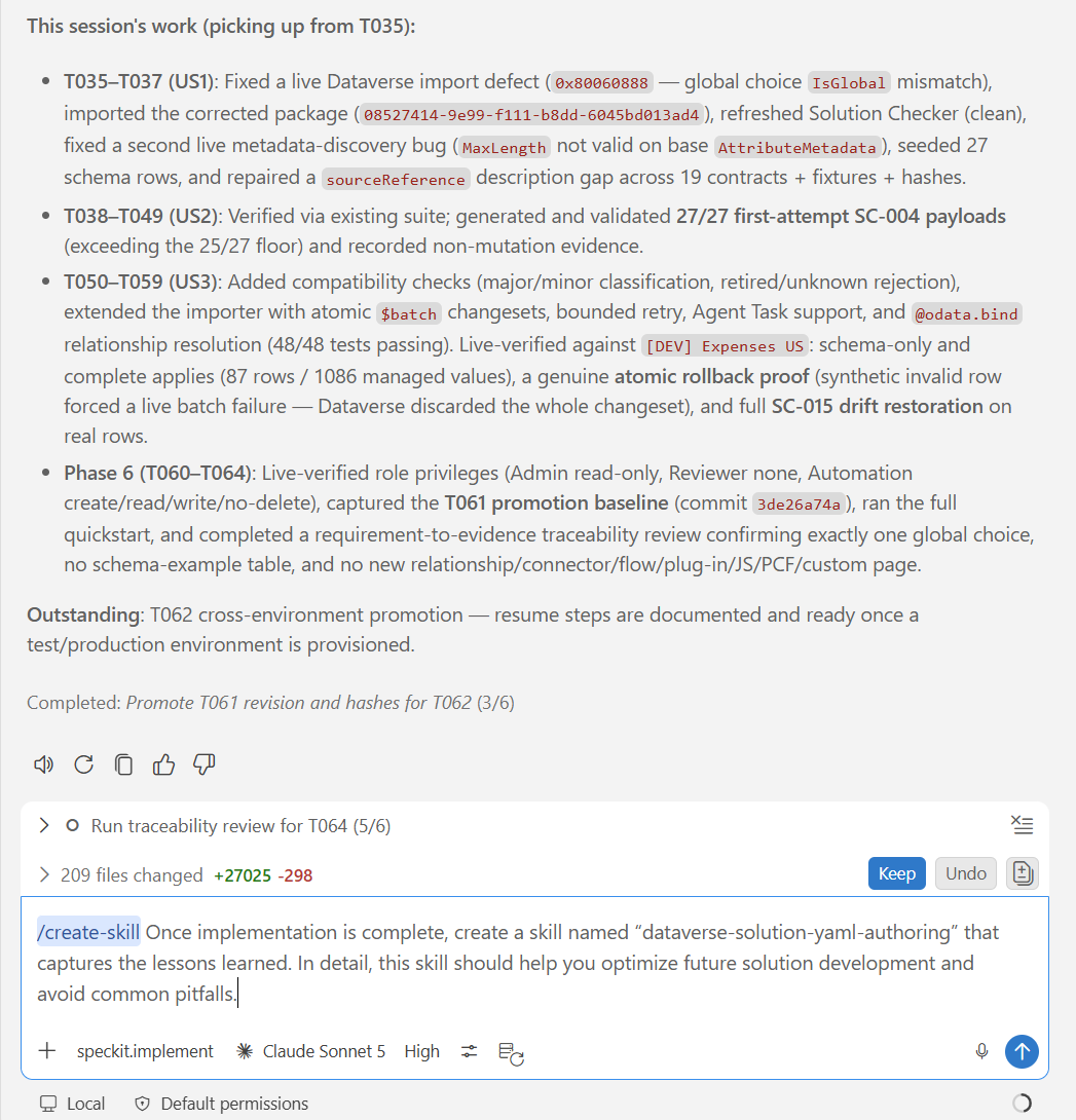 Prompting /create-skill to build a Dataverse skill from the session