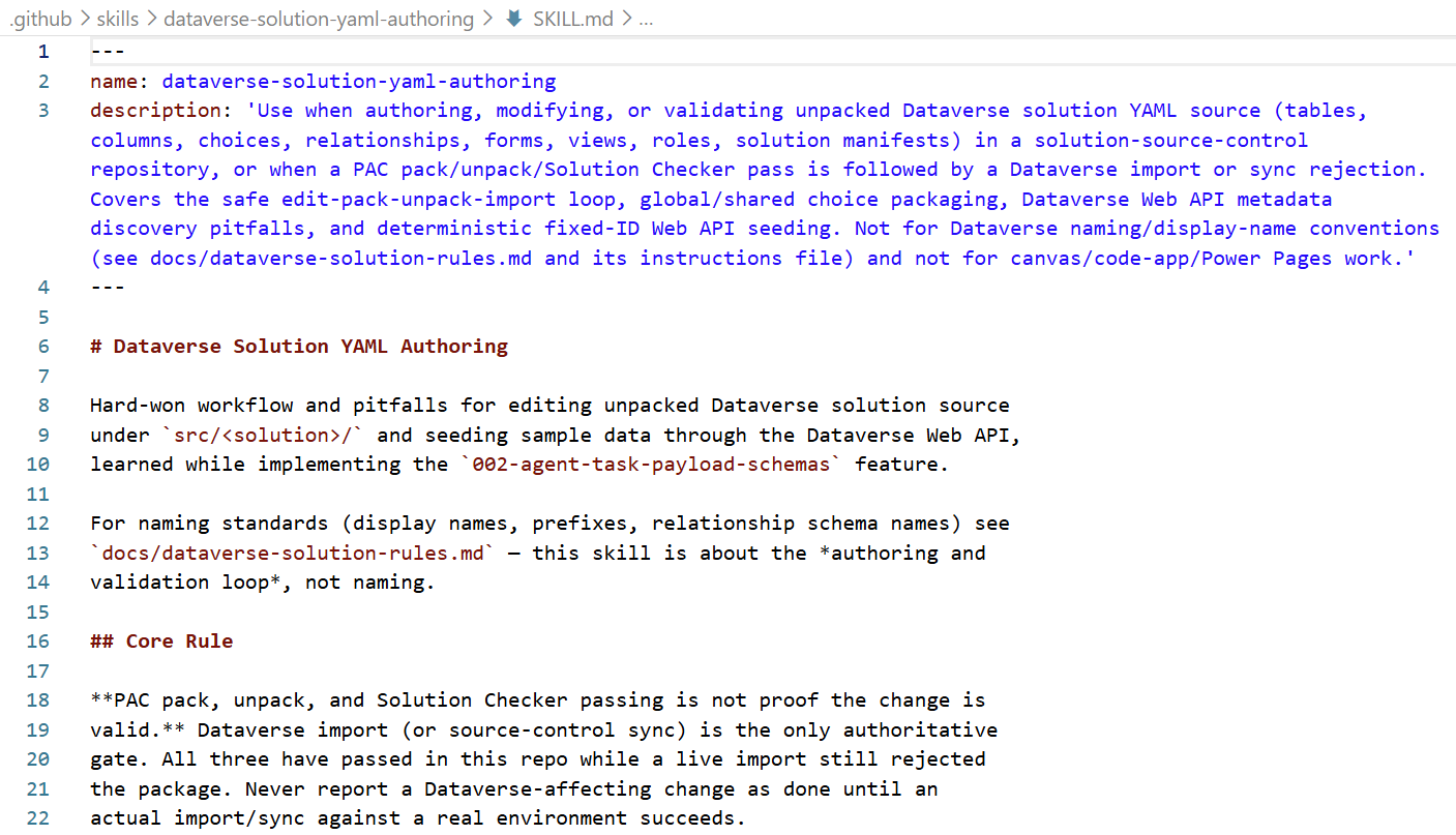 The generated SKILL.md, opening with the core rule and pitfalls reference