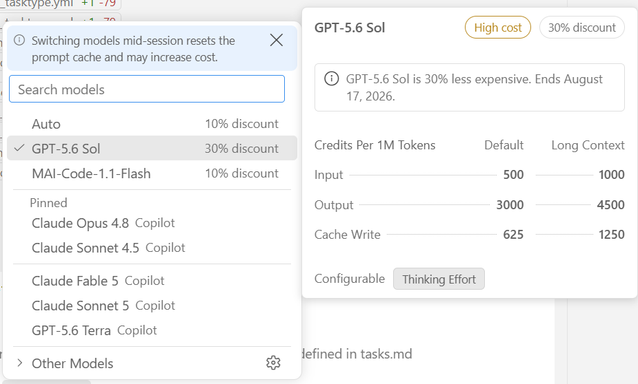GitHub Copilot model picker showing GPT-5.6 Sol with the 30% discount