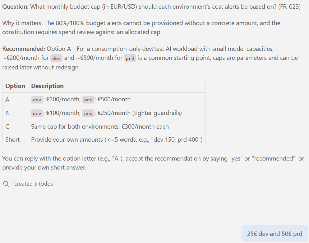 Copilot's clarification question about the monthly budget cap with four options and the recommendation of 200 euro for dev and 500 euro for prd, answered with 25 euro for dev and 50 euro for prd