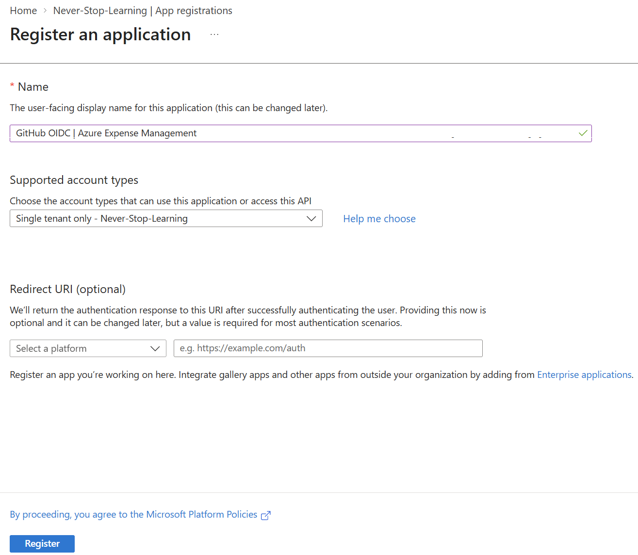 Entra ID app registration for GitHub Actions OIDC: name, single tenant account type and no redirect URI