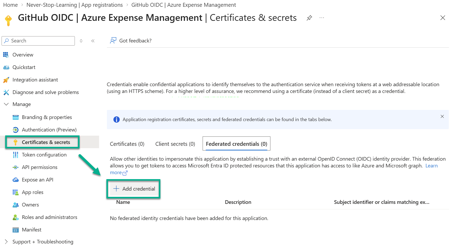Certificates and secrets page of the app registration with the Federated credentials tab and the Add credential button highlighted