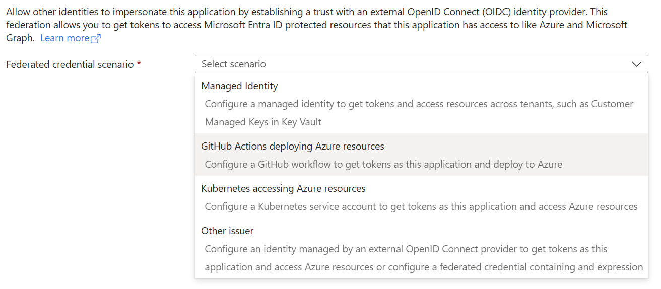 Federated credential scenario dropdown with GitHub Actions deploying Azure resources highlighted