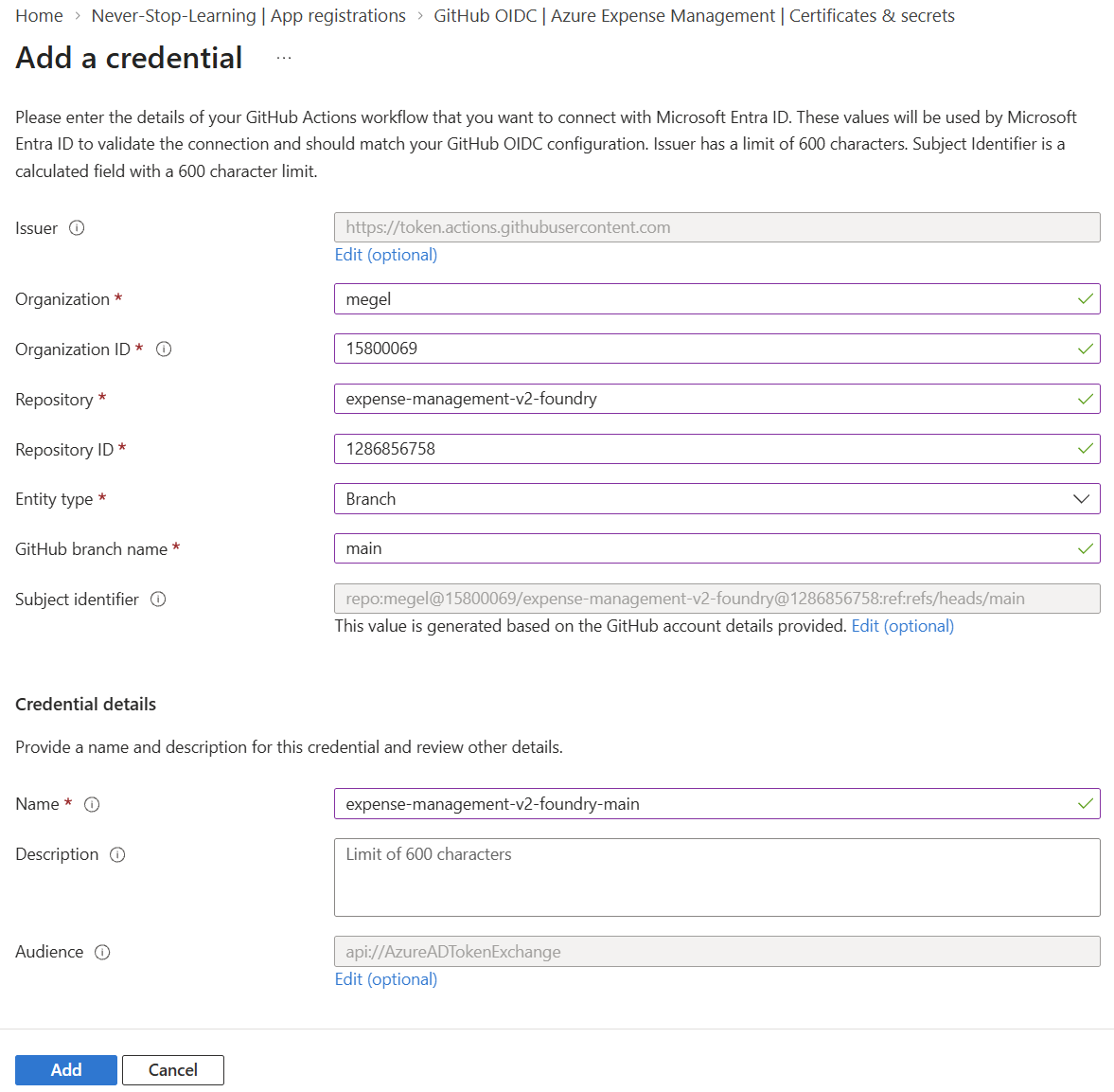 Add a credential form for GitHub Actions: organization, repository, IDs, entity type Branch with main, generated subject identifier and default audience