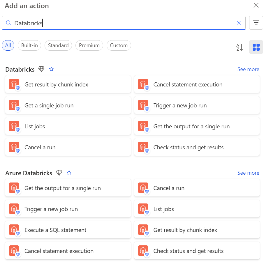 Power Automate's "Add an action" panel showing both Databricks and Azure Databricks connector groups