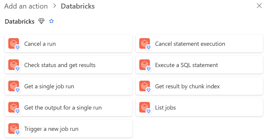 The complete list of Databricks actions in Power Automate: jobs, SQL statements, run status, but no file upload