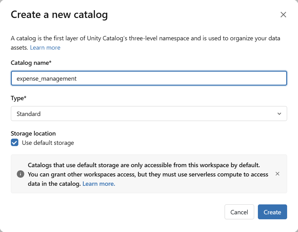 The "Create a new catalog" dialog, with the catalog name set to expense_management